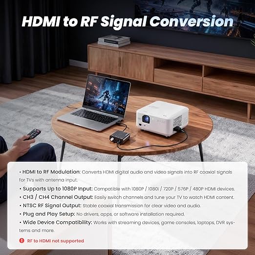 [Upgrade]kurtmark HDMI to RF Modulator with 1.2M HDMI Cable & Power Adapter,Plug and Play Coax RF Converter for TV, 1080P PLL Control NTSC Output CH3/CH4 RF Converter for Antenna TVs and Game Consoles