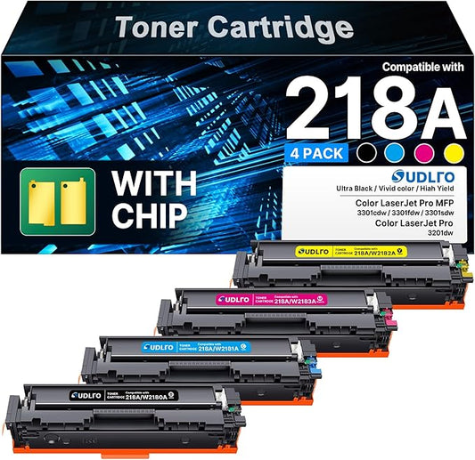 Compatible HP 218A Toner Cartridges 4 Pack 3301fdw 3301 218 Toner Work for HP 218A 218X Color LaserJet Pro MFP 3301cdw 3201dw 3301sdw Printer Ink | for HP218A W2180A W2180X 218A Toner with Chip