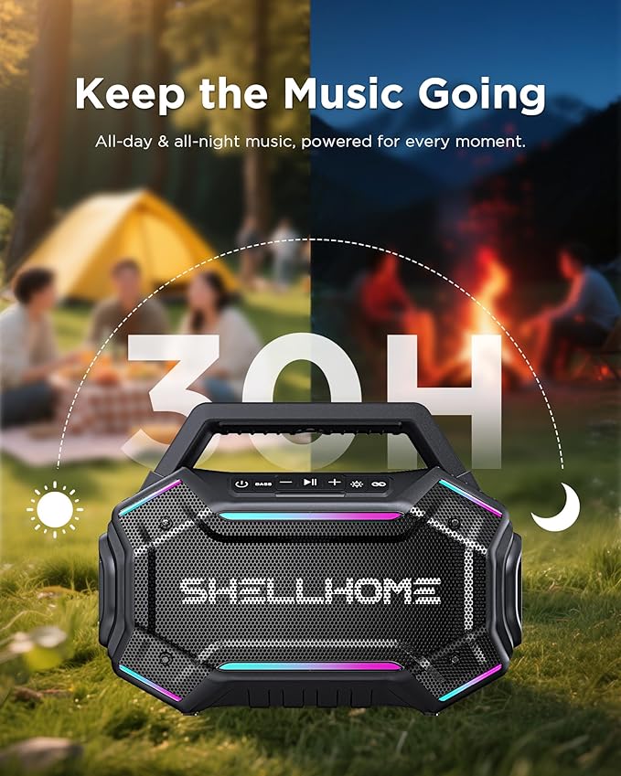 ShellHome Bluetooth Outdoor Speakers, 80W(Peak) Loud Wireless Speaker, 30H Playtime, RGB Lights, BassUp 2.0, IPX6 Waterproof, TWS, Bluetooth 6.0, Portable Boombox for Party, Pool, Beach (Teal)