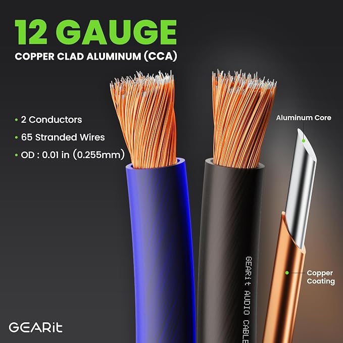 GEARit 12 Gauge Speaker Wire - 100ft, Flexible Speaker Cable with Polarity Markings & Foot Markers, 12AWG CCA Audio Cable for Home Theater, Car Audio Stereo, HiFi Surround Sound (Black/Blue)