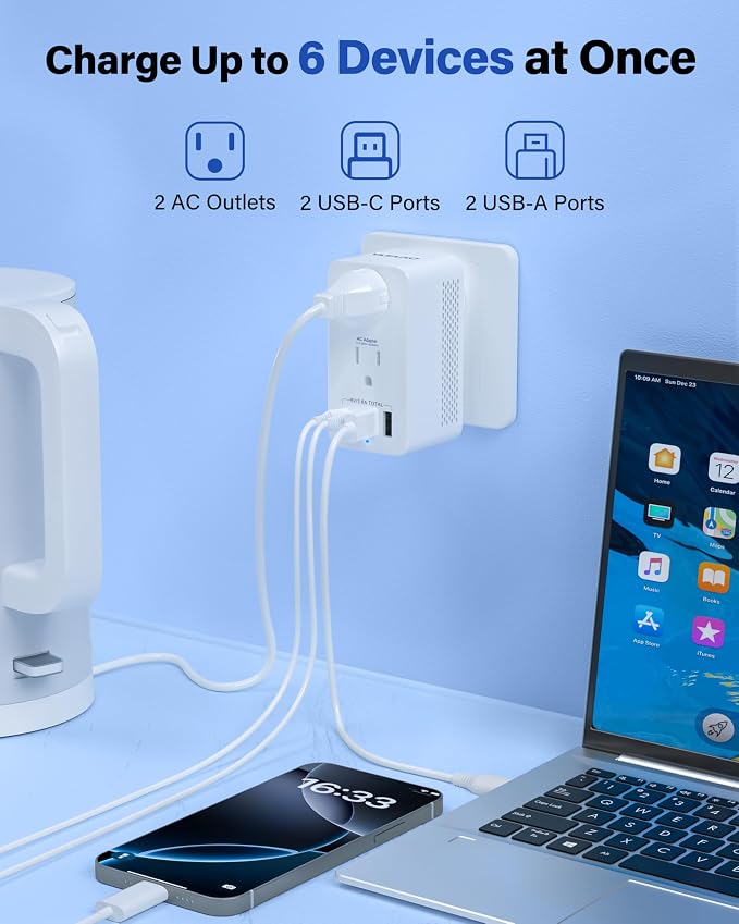 Voltage Converter US to Europe, Travel Adapter Voltage Converter to Step Down 220V to 120V, Power Converter with 2 USB-A 2 USB-C Port & UK/AU/US/IT/European Travel Plug Adapters