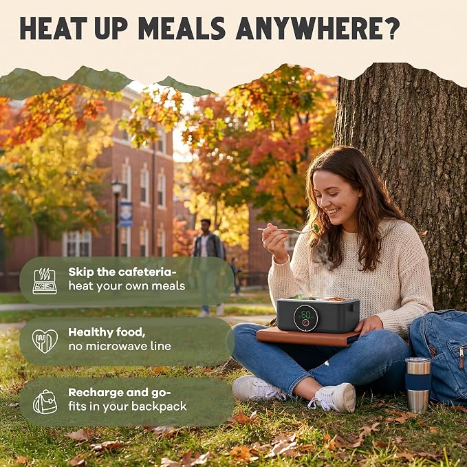 Oaktiv Lunch Box Warmer, Electric Heated Lunch Box for Adults, 4-Cup Cordless Portable Food Warmer with Scheduled Timer, Rechargeable with Insulated Bag