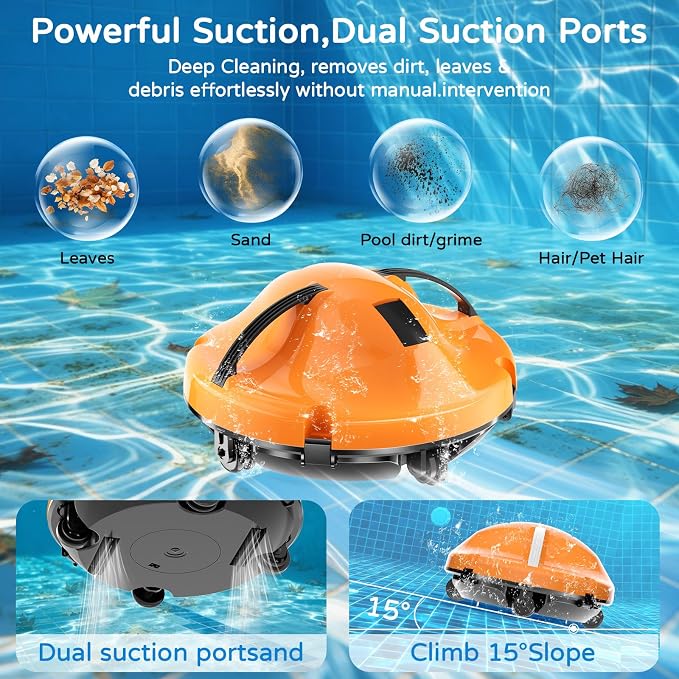 2026 New Cordless Robot Pool Vacuum, Automatic Pool Cleaner Robot with Dual-Motor, 130mins Runtime & Auto Parking Robotic Pool Vacuum for Above Ground Pool Up to 1100 Sq.Ft,JQR-V201,Orange