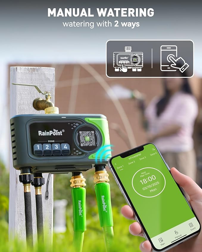 RAINPOINT WiFi Sprinkler Timer 4 Zone, 2027 New Version Outdoor Smart Water Timer for Garden Hose with Brass Inlet&Outlet, Custom Programs via APP/Voice Control (Lime Green, 4 Zone)