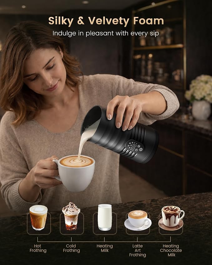 Milk Coffee Frother and Steamer,Temperature Display, 350lm, Burn-Free Base, Easy To Clean, 96% High Foam Rate,Ultra-Quiet Operation,Electric Cold Foam Maker Machine,Hot Chocolate Frother - Black