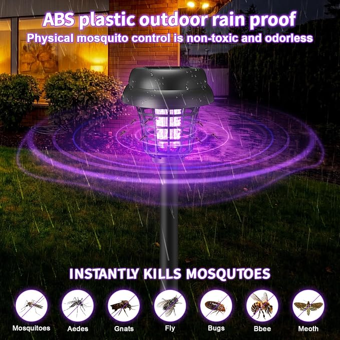 4 Pcs Solar Bug Zapper Outdoor Waterproof Mosquito Repellent Light Solar Power Fly Killer Lamps for Moths, Gnats, Fly, Small Flying Insect Backyard Garden Lawn (Plastic,Purple & Colored Light)
