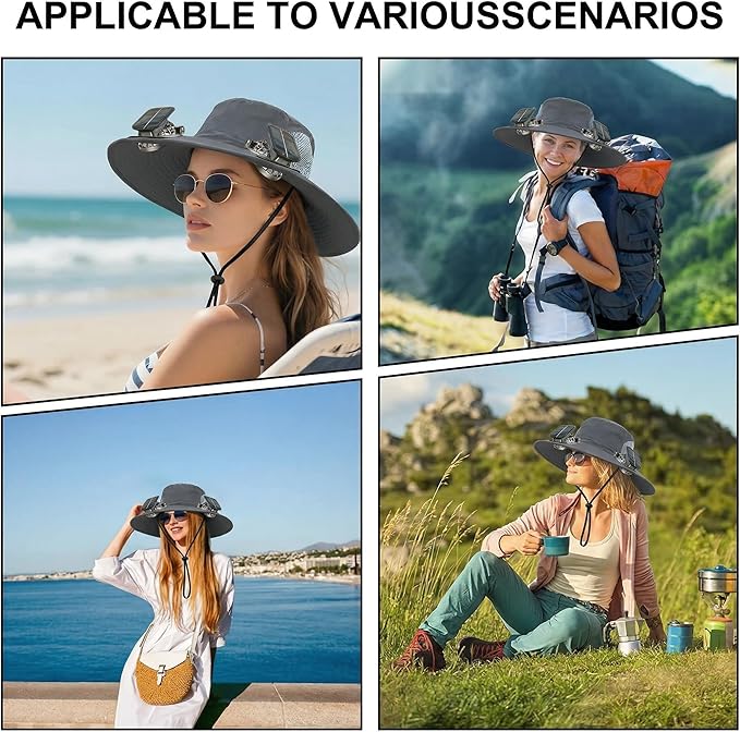 Outdoor Wide Brim Sun Hat with 2 Solar Powered Fan, Bucket Hat for Men Women, Fishing, Gardening & Beach Hat for Men