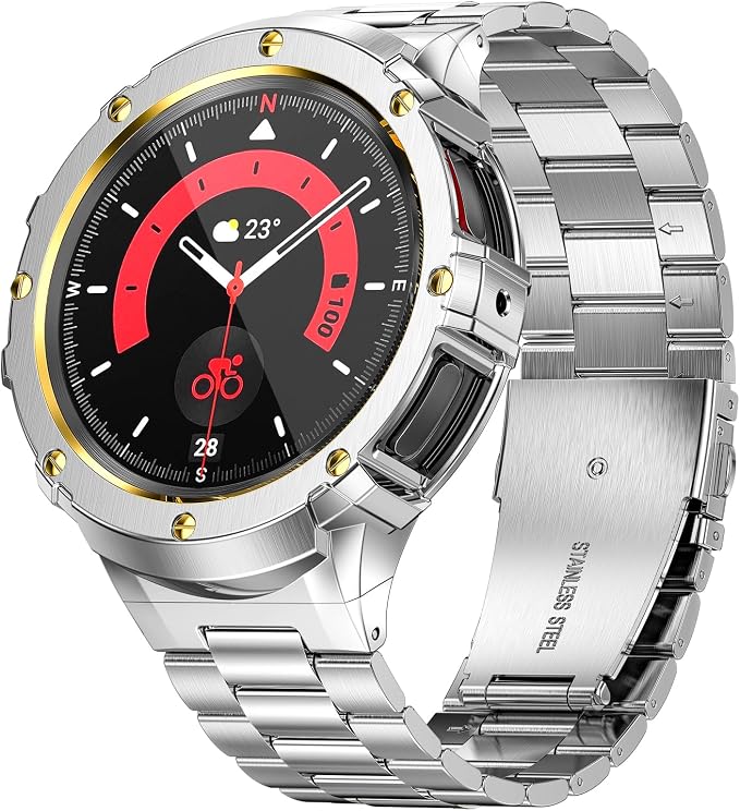 SUPLINK Stainless Steel Case and Bands Compatible with Samsung Galaxy Watch 7 44mm band for Men, Metal Rugged Protective Case Strap for Galaxy 7 Watch, Silver/Gold