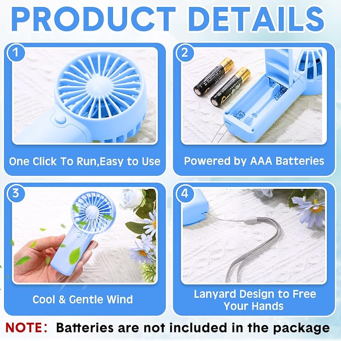 Rossesay 12 Pcs Mini Portable Fan Handheld Battery Operated Portable Small Personal Fans for Summer Beach Indoor Outdoor Travel Cooling Gift (White,Pink,Black,Blue)