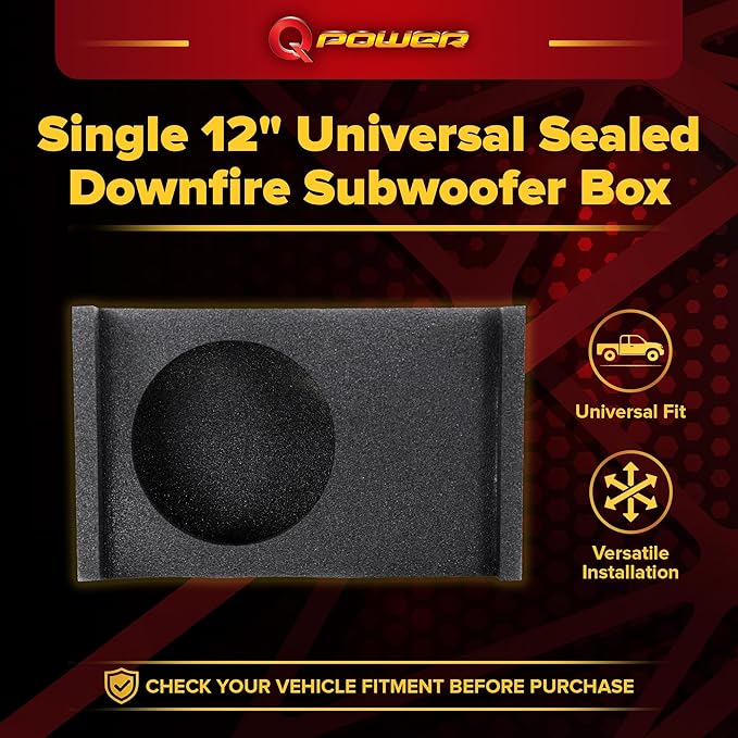 QPower Single 12-Inch Downfire or Behind-Seat Speaker Box, Features 0.75 Cubic Feet of Airspace, Compatible with Most GMC, Chevrolet, and Ford Trucks