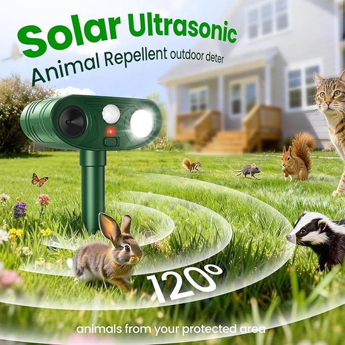 2026 Upgraded Ultrasonic Solar Animal Repellent Outdoor, Deer Repellent Devices Squirrel Cat Raccoon Rabbit Dog Deterrent with Motion Sensor Flash Light for Yard Garden Lawn (2 Pack)