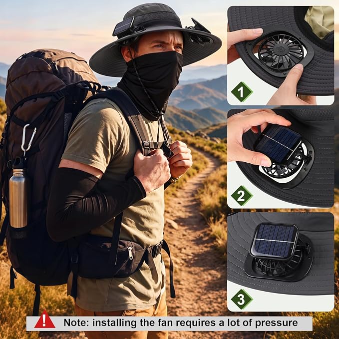 Syhood Solar Powered Fan Hat Neck Gaiter Arm Sleeves Sun Bucket Hat with Fan Cooling Wide Brim Hats for Fishing Hiking
