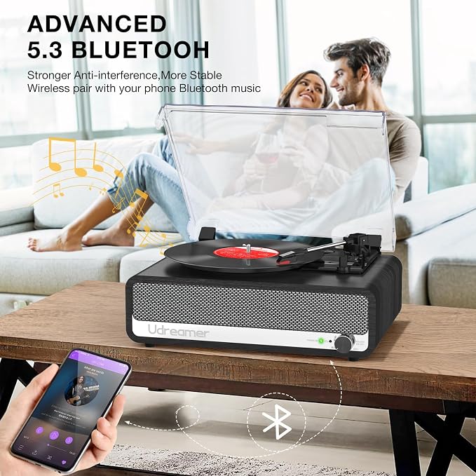 Vinyl Record Player with Built-in Speakers,3 Speed Turntable with Latest Bluetooth 5.3, AUX Input, Headphone Jack, RCA Output and Auto Stop, Mirror Vintage Wooden Black