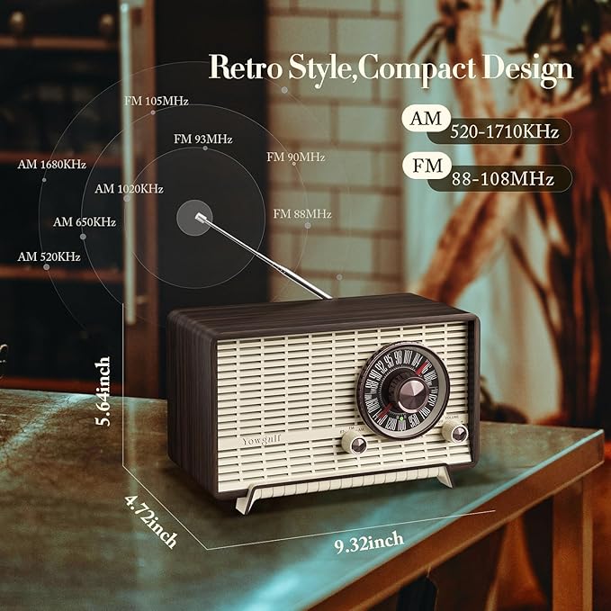 YOWGULF AM FM Radio Classic Retro Wood Table Radio Bluetooth Speakers Radios Plug-in Wall with Rotary Knob Great for Home, Office