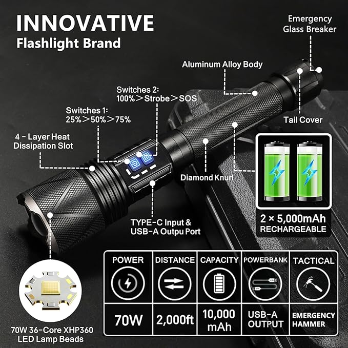 Rechargeable Tactical Flashlight 10,000 High Lumens with USB Output | 70W XHP360 LED Super Bright Zoomable Flashlight, 1,968FT Long Range, IP67 Waterproof for Emergency, Outdoor Camping & Hunting