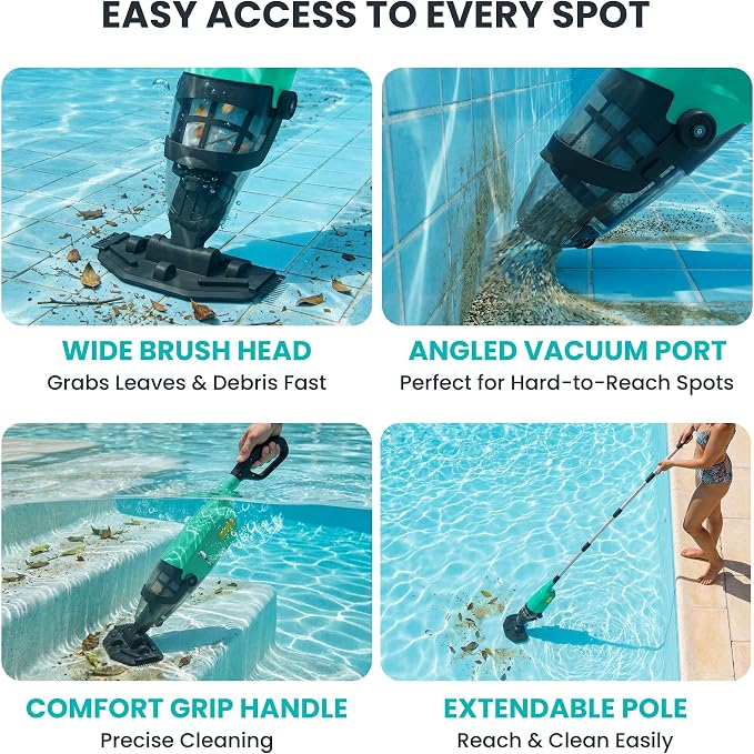 Cordless Pool Vacuum for Above Ground & Hot Tubs, Powerful Suction for Leaves, Sand & Debris, 18GPM
