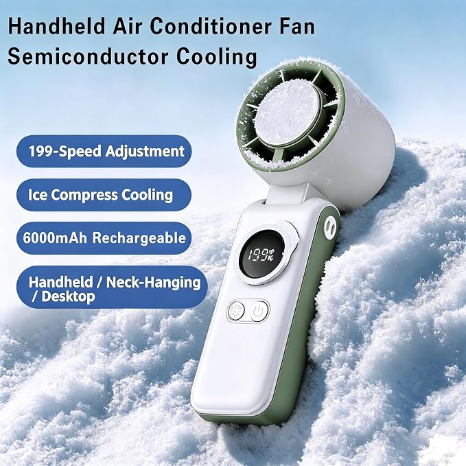 Handheld Portable Air Conditioners Fan with Semiconductor Cooling - 6000mAh Rechargeable 3-in-1 Mini AC Fans (Hand/Neck/Desk),199 Speed/5 Gear,Personal Turbo Fan for Outdoor Travel Beach Home (Green）