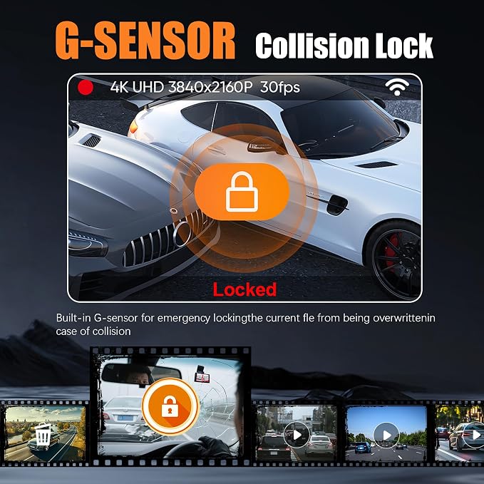 Wireless Dash Cam Front and Rear, 4K +2.5KHD 2-Channel Dashcam, Built - in WiFi GPS, Night Vision, Loop Recording, 24H Parking Mode, G-Sensor and 3” IPS Screen;Memory Card not Included