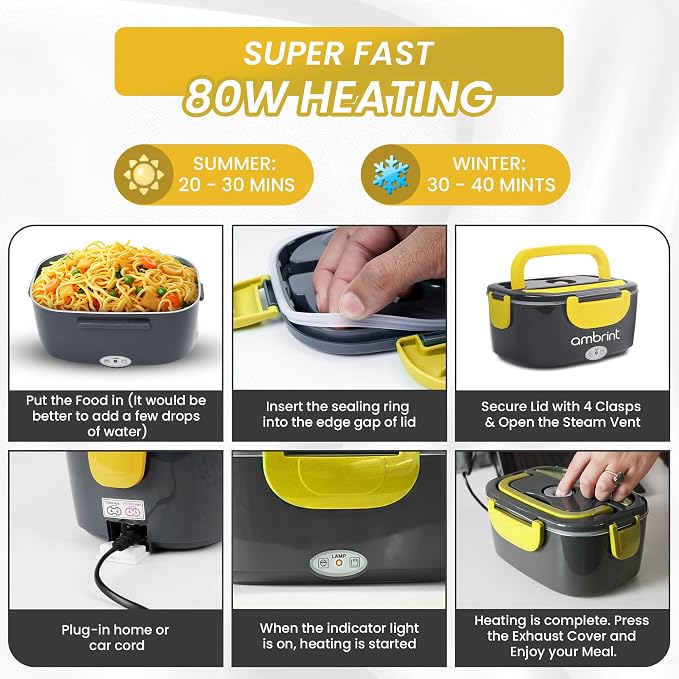 80W Electric Lunch Box for Adults - Heated Lunch Box & Portable Food Warmer with 1.5L Stainless Steel Container | 12V/24V/110-220V Lonchera Eléctrica Portátil for Car, Truck & Office - Grey