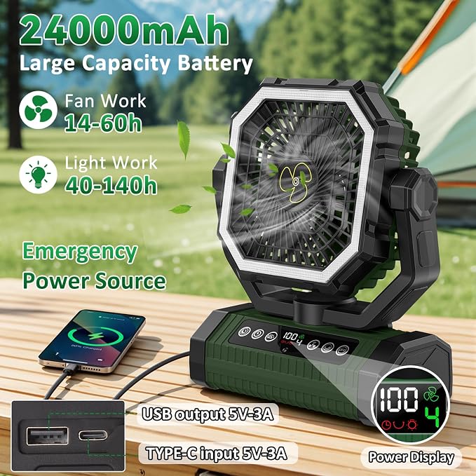Camping Fan Rechargeable, 24000mAh Battery Powered Fan with Digital Display, 4 Speed Rechargeable Fans Portable with Remote, Cordless Battery Operated Fans with LED Light and Hanging Hook for Tent