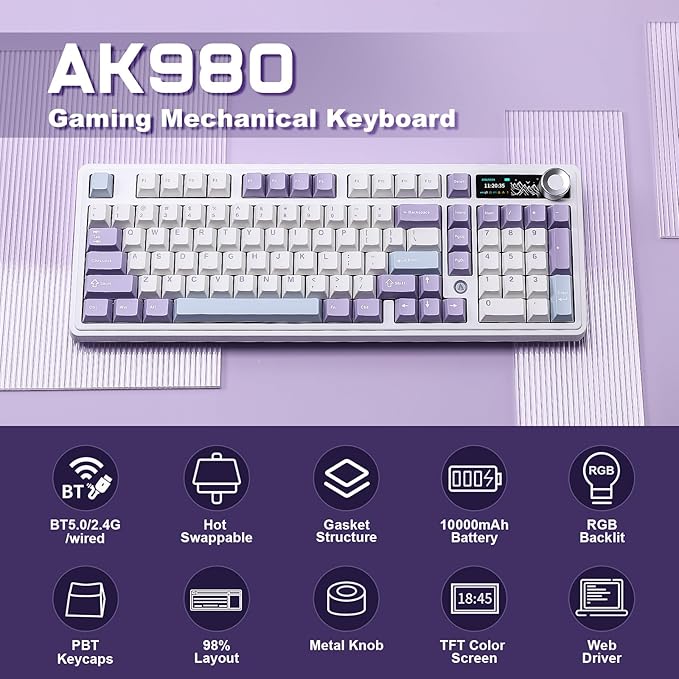 AJAZZ AK980 Mechanical Keyboard, Creamy & Thocky with Smart Display & Knob, 98% Wireless Tri-Mode BT/2.4G/USB-C, Hot Swappable, RGB Light for Win & Mac (Purple, Murad Switch)