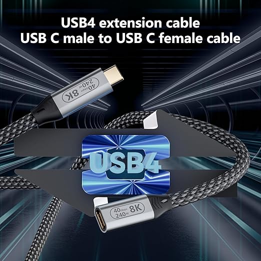 6.6ft/2M USB4 Cable, USB-C Female to USB-C Male, 40Gbps Data Transfer, 8K@60Hz Video, 240W Fast Charging, Compatible with Thunderbolt 4, Laptop, Tablet, Smartphone, Monitor
