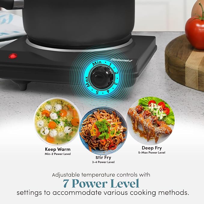 Elite Gourmet 10.5Qt Extra Deep Electric Skillet with Glass Lid, Single Cast Iron Burner Hot Plate, Adjustable Temperature Controls