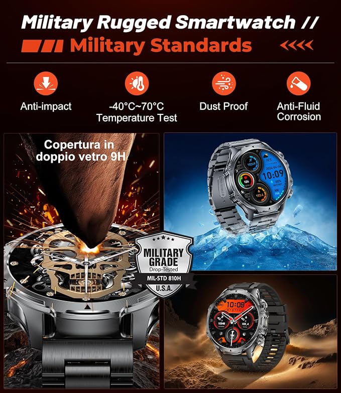 Military Smart Watch for Men, 1.85'' HD Large Screen Smartwatch, 800mAh/LED Flashlight/IP68 Waterproof/Pedometer/100+ Sports Fitness Tracker, Mens Smart Watches for Android iOS, Black