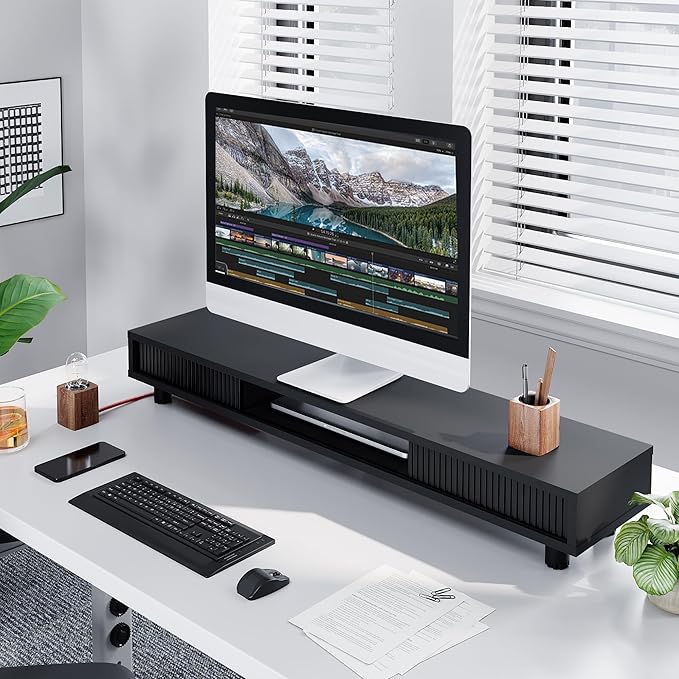 Fenge Dual Monitor Stand, 42.5inch Long Monitor Stands Riser for 2 Monitors, Glass Sliding Door with Storage Organizer Stand for Desk, 2 Tier Desk Shelf for Laptop, Pc, Printer, Computer, TV