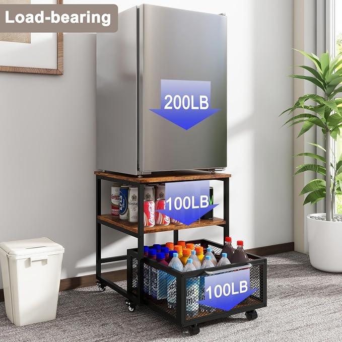 PUNCIA 19.7"x19.7" Mini Fridge Stand 3-Tier Storage Beverage Fridge Table | 220-lb Capacity Beverage Refrigerator Table, Heavy Duty Rolling Organizer with Drawers for Dorm Apartment Office Bedroom