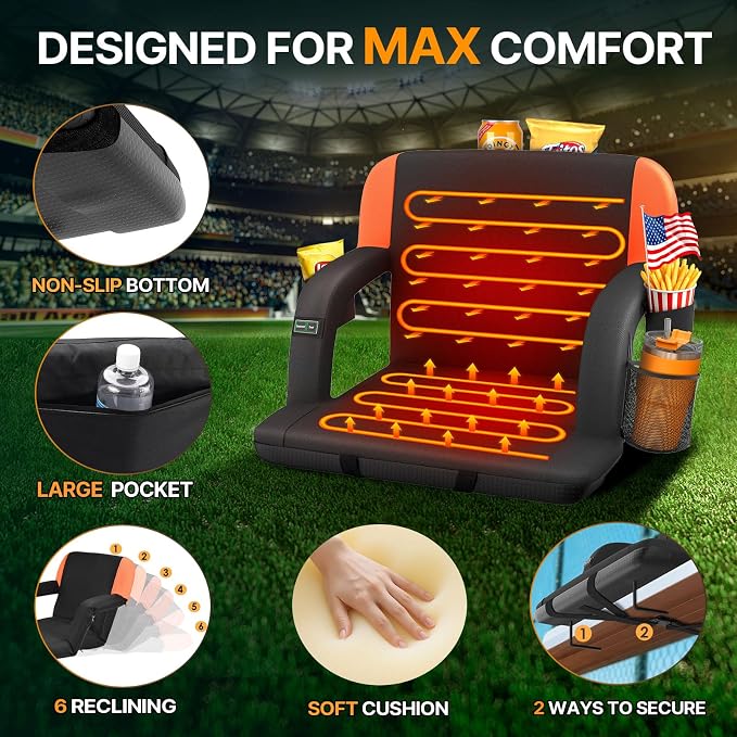HOPERAN Dual-Sided Heated Stadium Seats for Bleachers with Back Support, 3 Levels Heating Bleacher Seats with Backs and Cushion Wide, 5 Pockets Portable Stadium Chair for Outdoor Sports (Orange)