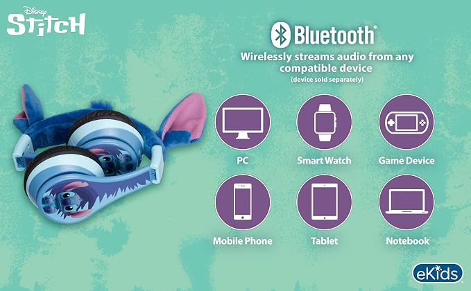 Disney Stitch Bluetooth Headphones for Kids, Wireless Headphones for School | Volume Reduced and Built-in Microphone