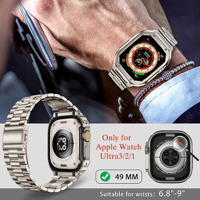 MioHHR Stainless Steel Band and Case Compatible with Apple Watch Band 49mm, Men Metal Protective Bumper Cover for iWatch Series Ultra 3/2/1, Titanium Color