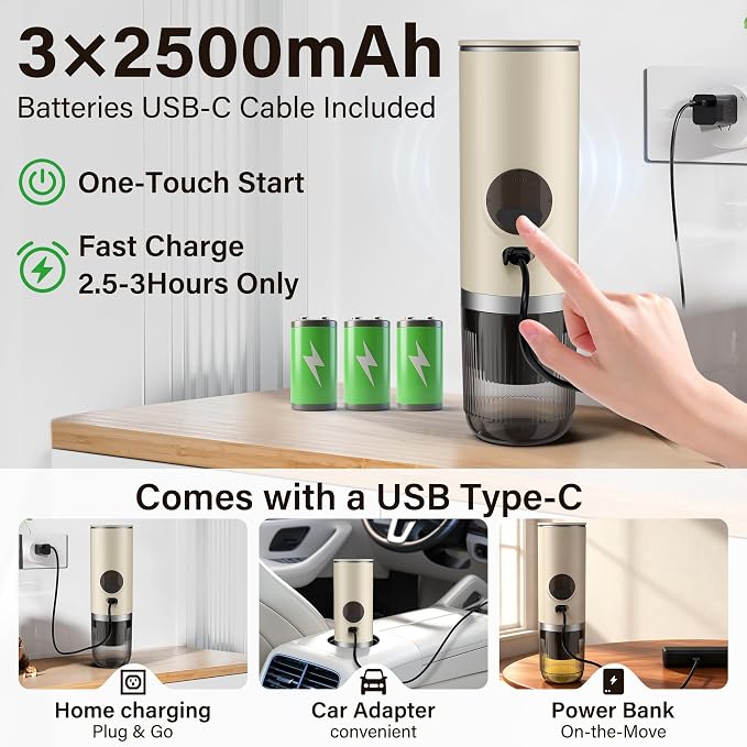 Portable Travel Espresso Maker,20-Bar Camping Espresso Coffee Machine for Travel Car,Electric Self-Heating with Battery Operated,Rechargable,Ground Coffee& Capsule Compatible,80 ml Cup,White