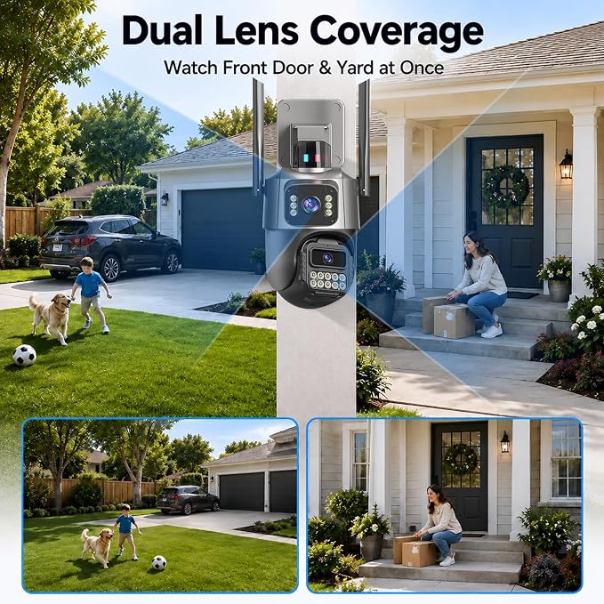 Outdoor Camera, Dual Lens PTZ 6MP Security Camera Outdoor, 6X Digital Zoom, Auto Tracking, Color Night Vision, 5G/2.4G Dual-Band WiFi, Plug-in Power, 2-Way Audio, IP66 Waterproof