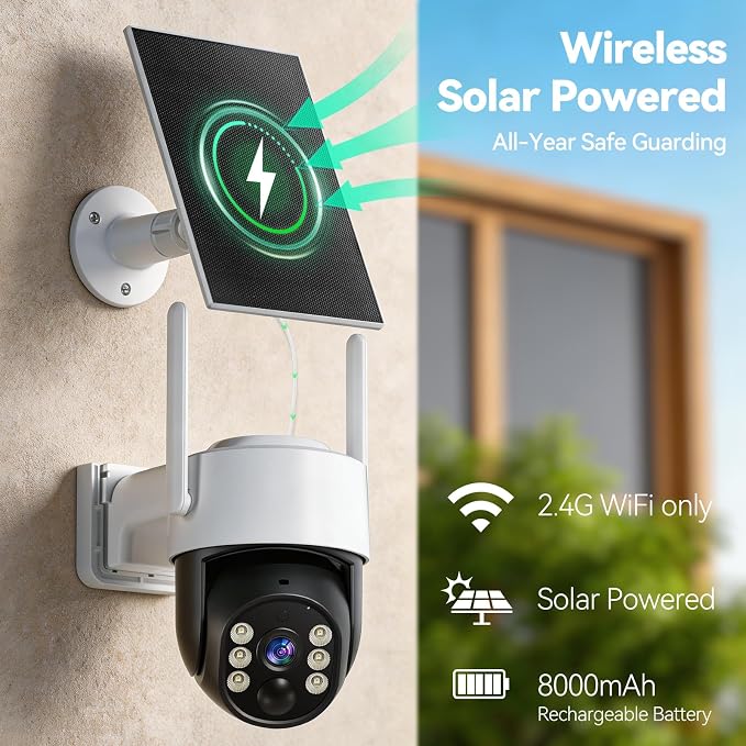 Chpuss Solar Security Camera Wireless Outdoor, 2K HD Surveillance Solar Powered WiFi Camera, Color Night Vision, PIR Detection, 360° View, 2-Way Talk, Spotlight Siren Alarm (Black & White - 1PACK)