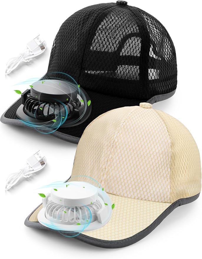 Yaomiao 2 Pcs Solar Baseball Cap with Fan Unisex Sun Protection USB Charging Fan Mesh Hat for Summer Outdoor