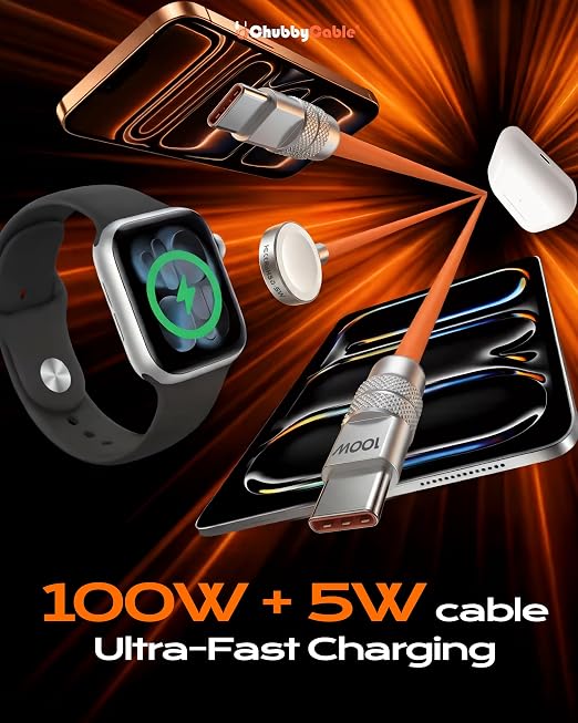 chubbycable Duo-Core Flex 2-in-1 USB C Cable 100W Fast Charging 5W [40Mins 80%] Magnetic Apple Watch Charger 4FT Soft Silicone Compatible with iWatch, iPhone, iPad, MacBook, AirPods, Orange