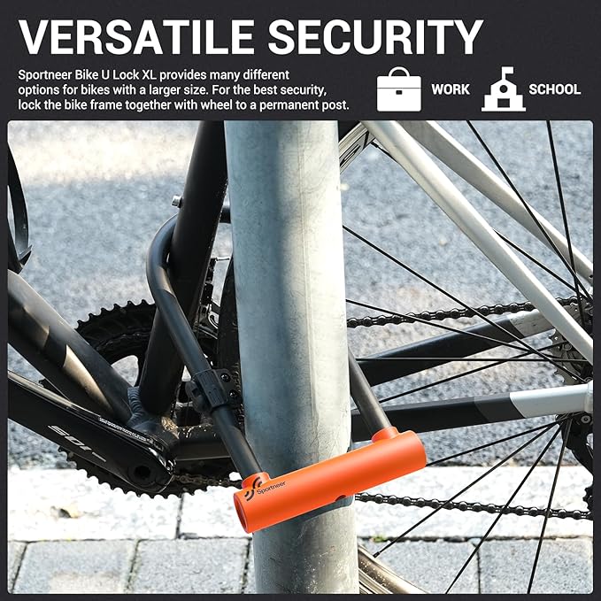 Sportneer Bike Lock: Heavy Duty Bike U Lock with 6ft Security Steel Cable - 18mm Shackle Bicycle U-Locks with Keys and Sturdy Mounting Bracket for Road Mountain Bike Bicycle-Size 11.5''x6.25'', Orange