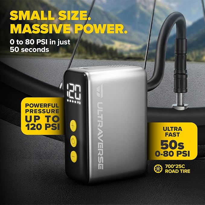 Ultraverse Mini Electric Bike Pump – 120 PSI High-Pressure Power, Ultra-Compact Smart Inflator with Presta & Schrader, Fast Rechargeable Pump for Road, MTB & E-Bike