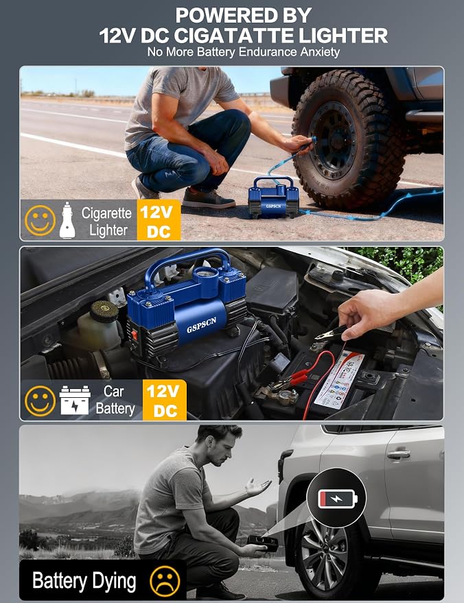 GSPSCN 12V Heavy Duty Tire Inflator Metal Portable Air Compressor Pump | 6X Faster Inflation Double Cylinders 150PSI Air Pump with Adapter for Car, RV,Pickup Truck, SUV, Van,Camper, Air Bed,Ball