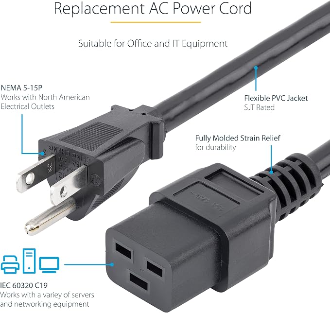 StarTech.com 10ft (3m) Heavy Duty Power Cord, NEMA 5-15P to C19 AC Power Cord, 15A 125V, 14AWG, Computer Power Cord, Heavy Gauge Power Cable for PDUs and Network Equipment, UL Listed (PXT515191410)