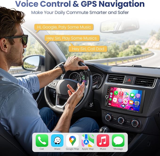 7" Double Din Car Stereo with Wireless Apple CarPlay & Android Auto,QLED IPS Touchscreen Double Din Radio,1080P Backup Camera, Voice Control, Type-C Fast Charging,Bluetooth 6.0, GPS, AM/FM, EQ