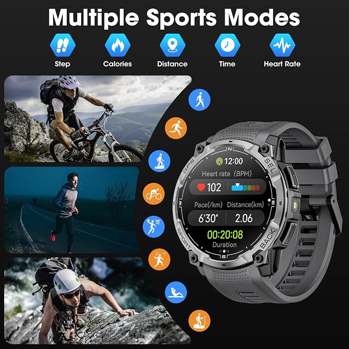 Military Smart Watch for Men with GPS, 1.43" AMOLED Bluetooth Call, LED Flashlight, Rugged Tactical Watch for Android iOS, 3ATM Waterproof Fitness Tracker with Heart Rate Pedometer (Black)
