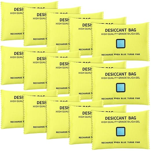 Threlaco 15 Pack 100 g Rechargeable Desiccant Packs Silica Gel Desiccant Moisture Absorbing Bag for Storage Reusable Car Dehumidifier Bag Bin Indicating Silica Gel Packet for Home (5 x 3.5 Inches)