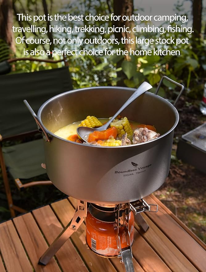 Boundless Voyage 5L Titanium Cooking Pot with Lid & Folding Handle Large Soup Pot for Outdoor Camping Hiking Picnic Home Kitchen Ultralight Cookware Ti2104C