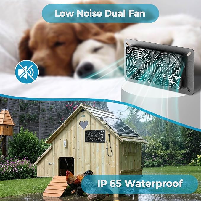 Solar Fan Kit for Chicken Coop - Two IP65 Waterproof 5" Solar Powered Fans - Outdoor Exhaust Intake Ventilation Fan for Outside Shed Greenhouse Attic Pet House - Strong Airflow Without Battery