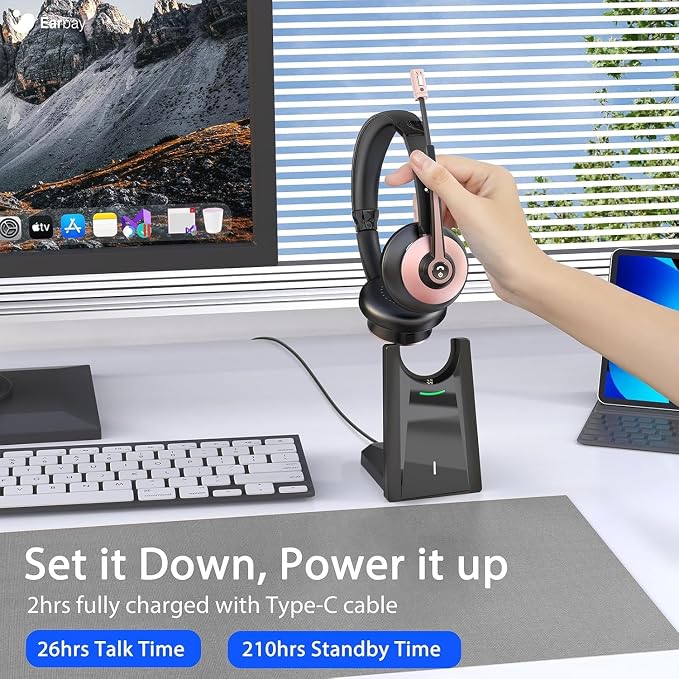 Earbay Wireless Headset, Bluetooth Headphones with Microphone Noise Canceling & Mute, Wireless Headset with Mic & USB Dongle/Charge Dock for Computer Phone Remote Work Office Call Center Teams