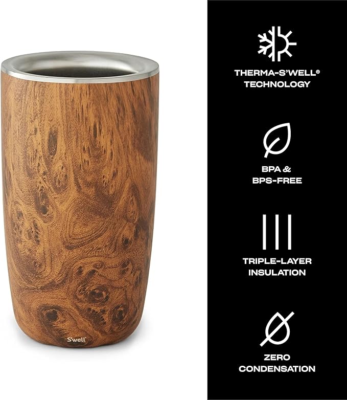 S'well Stainless Steel Wine Chiller, Holds 750ml Bottle, Teakwood, Triple Layered Vacuum Insulated Container Keeps Bottles Chilled for Longer, BPA Free Barware