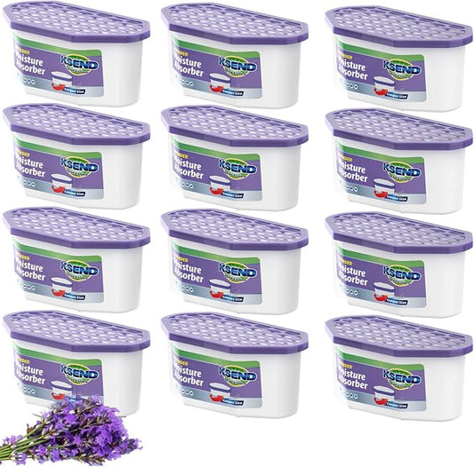 Ksend Moisture Absorbers, 12 Pack, Compact Dehumidifier for Closet, Efficient Humidity Absorber Boxes, Moisture Absorber for Closet, Odor Eliminator with Lavender Fragrance, Purple, 6.4oz, 300ml